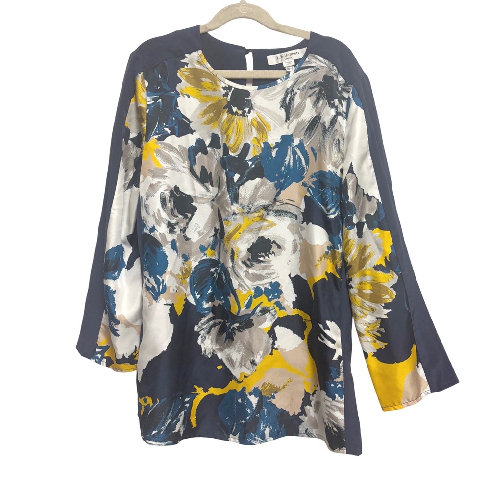 LK Bennett Surey Floral Silk Navy Mustard Yellow Long Sleeve Blouse US 2